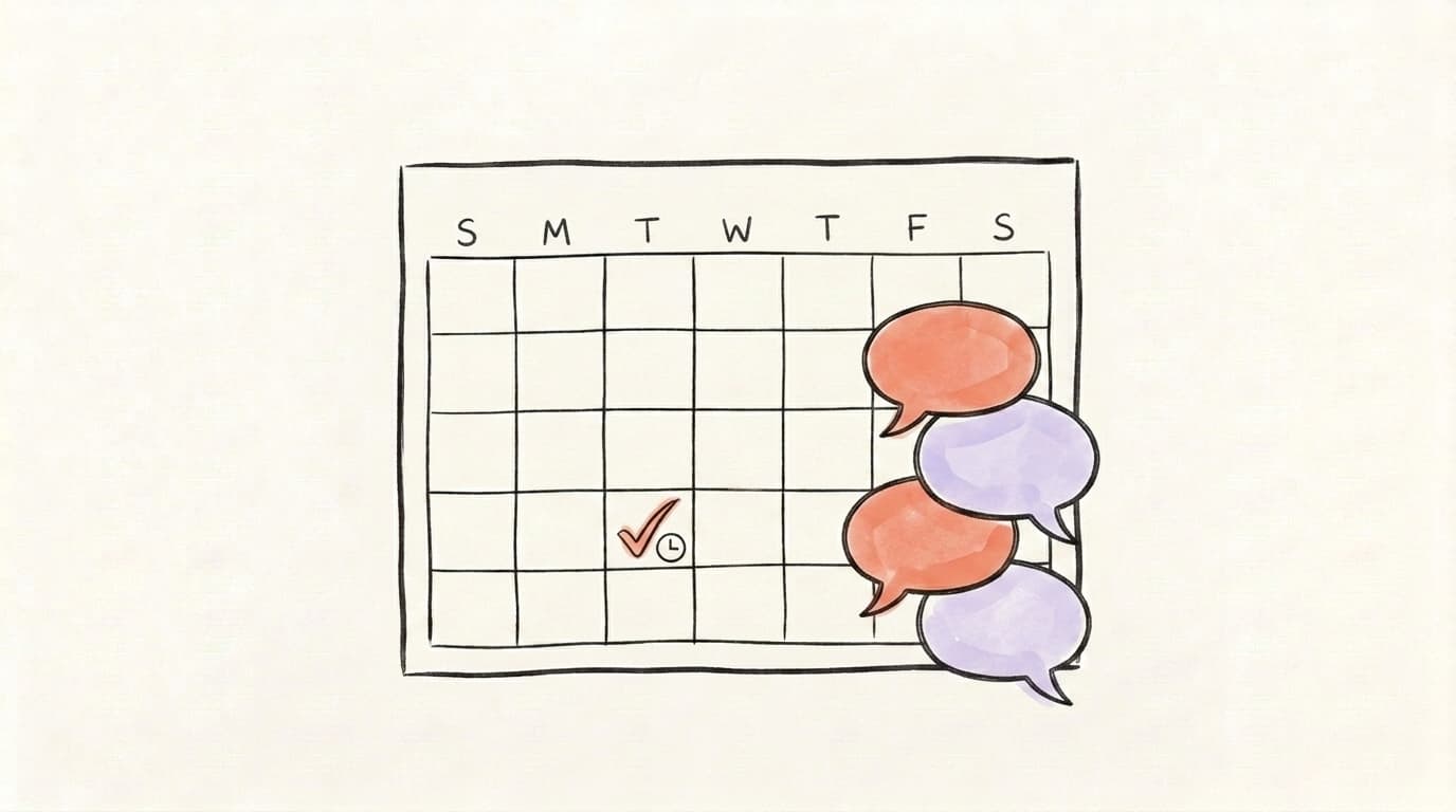 A hand-drawn weekly calendar with a checkmark and clock beside a stack of speech bubbles, representing a sustainable repeatable routine