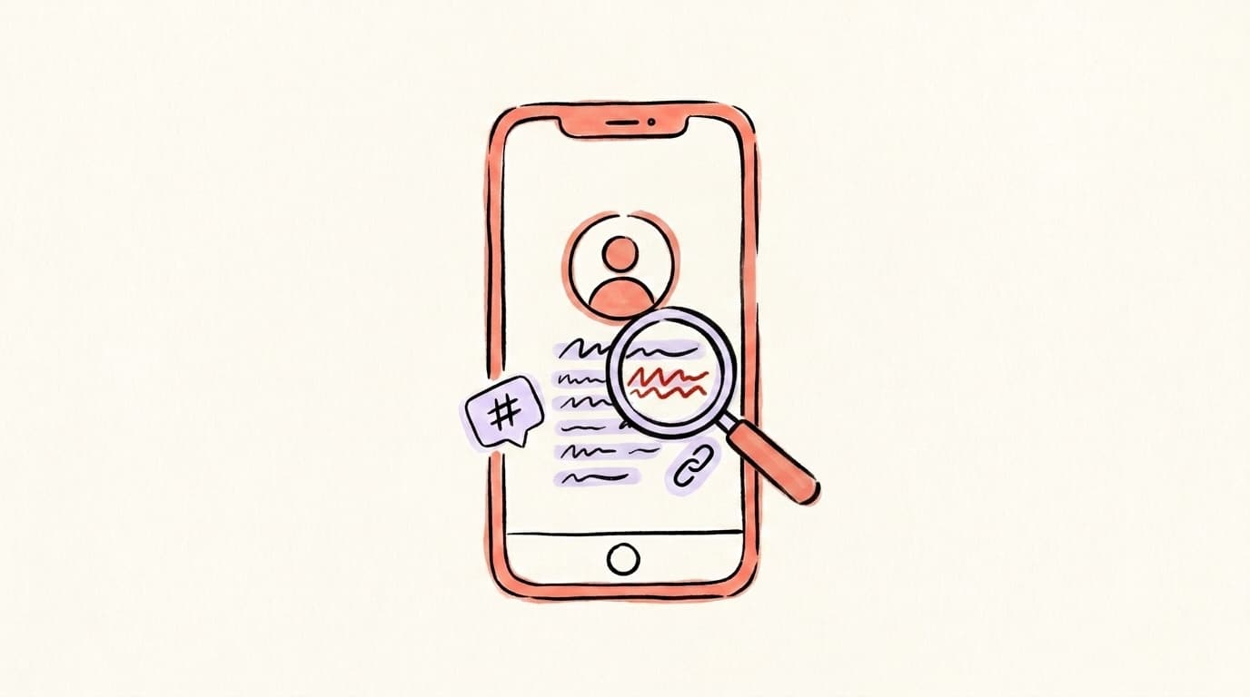 A magnifying glass over a sketched Threads bio with one line flagged