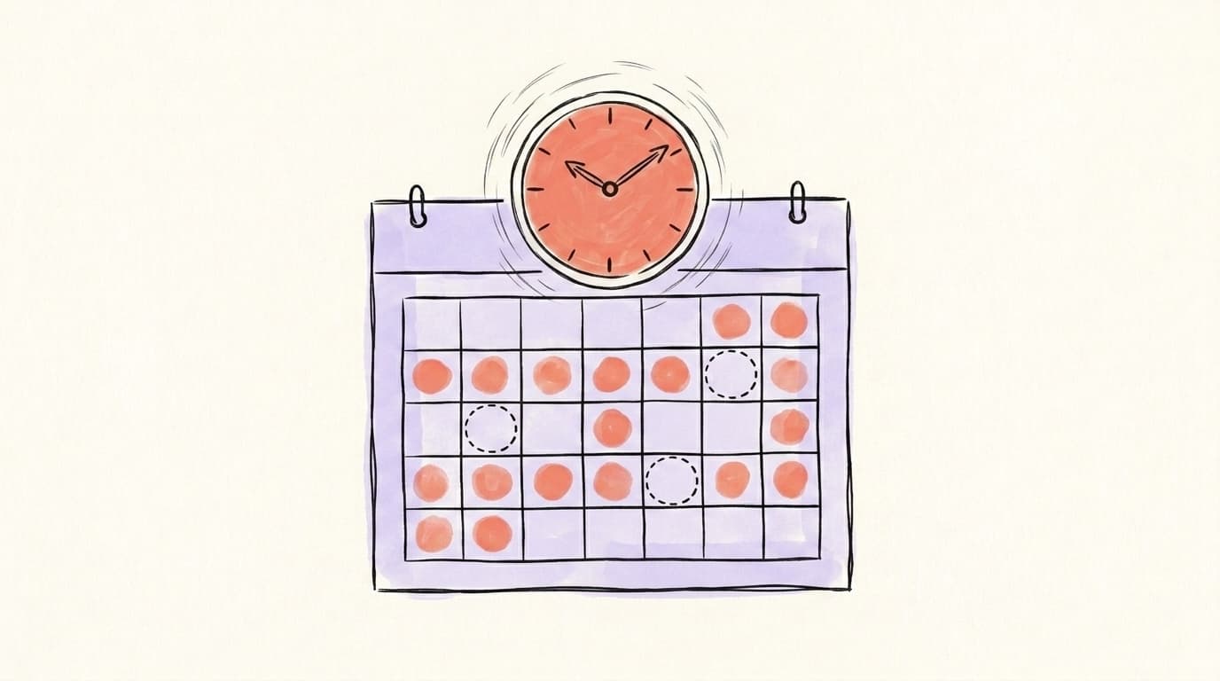 A sketched calendar grid with salmon dots marking posting days and dashed circles for gaps, a clock above it