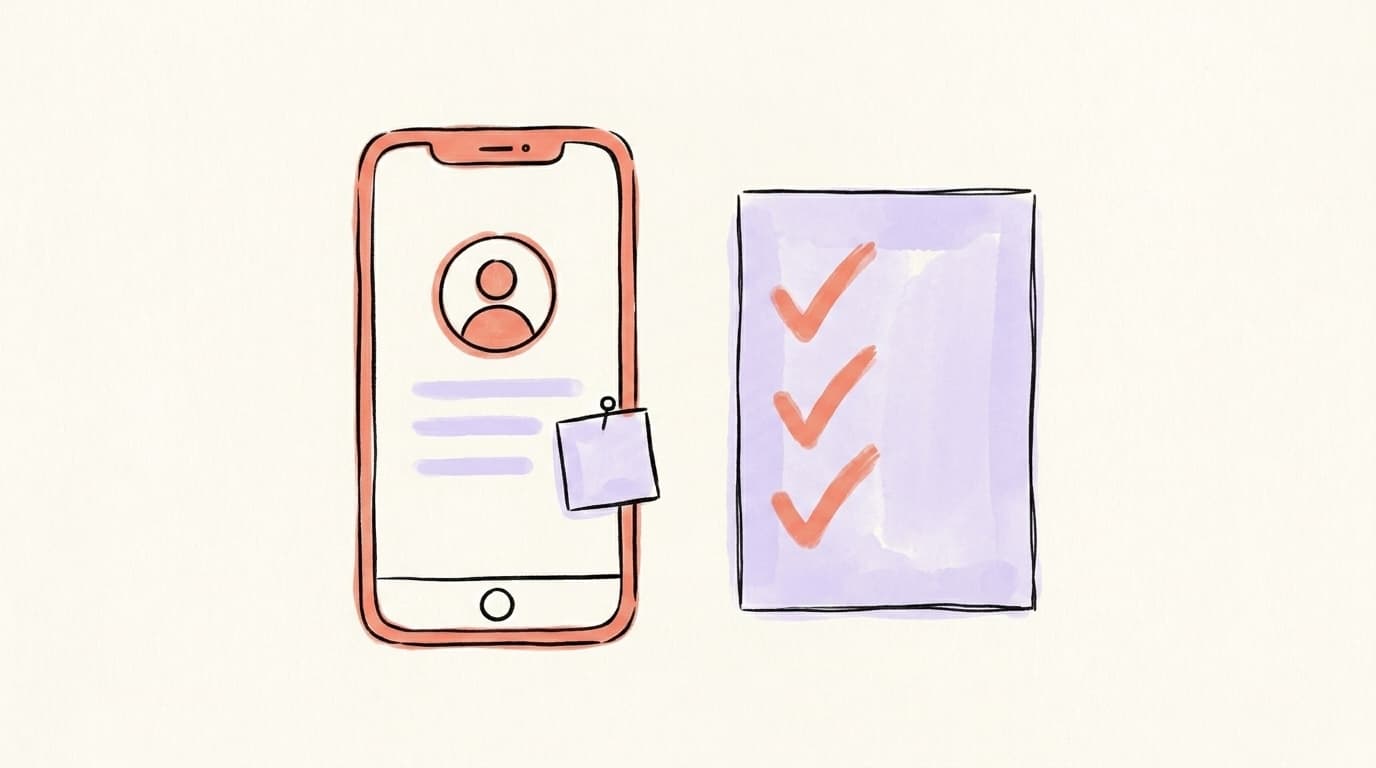 A hand-drawn smartphone showing a Threads profile next to a checklist with three checkmarks