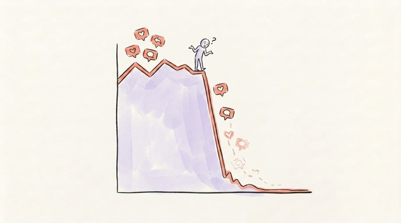 A line graph showing engagement crashing off a cliff, with hearts and reply icons tumbling down