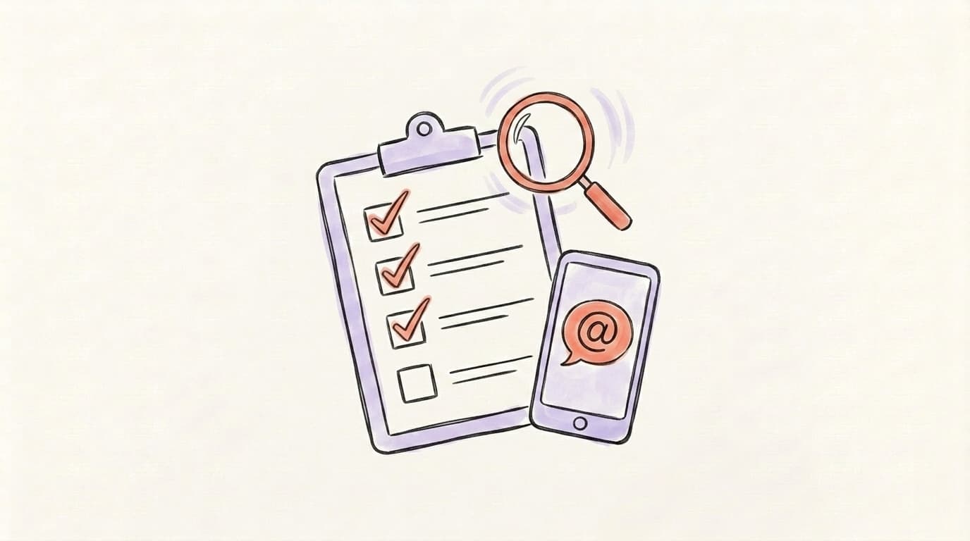 A checklist and phone being inspected with a magnifying glass, representing a shadowban test