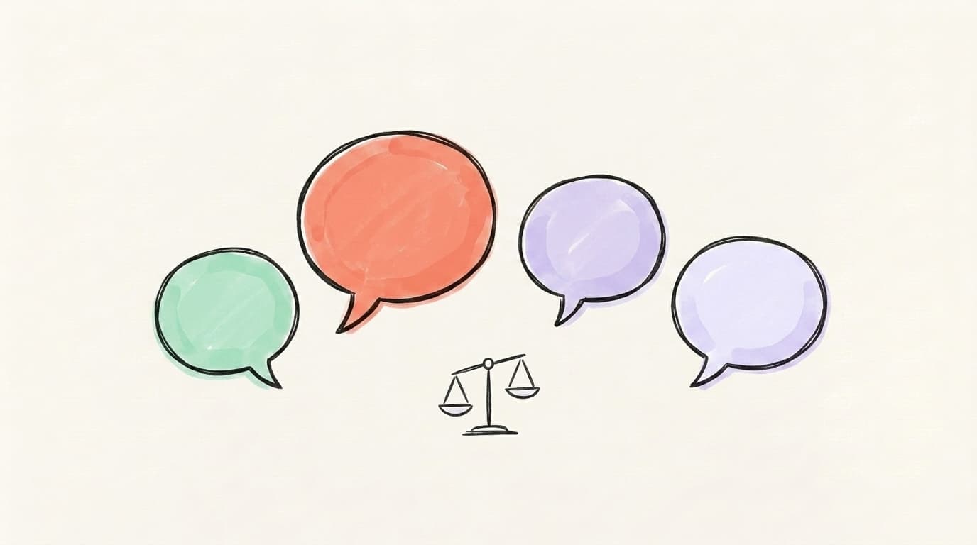 Four hand-drawn speech bubbles of different sizes with a small balance scale between them, representing four microblogging platforms
