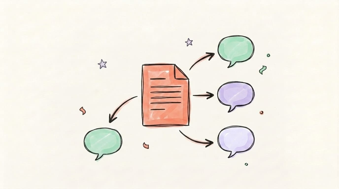 Hand-drawn document with arrows flowing to several speech-bubble platform icons, showing one post cross-posted to multiple networks