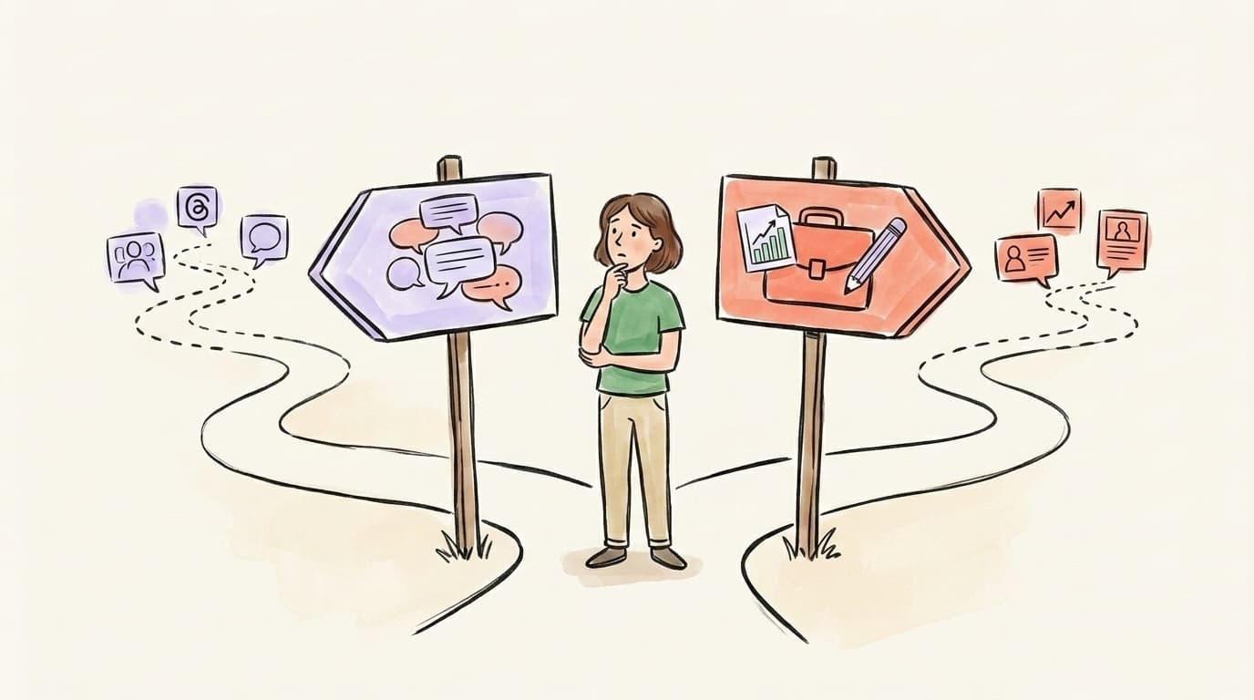 A founder at a fork in the road choosing between Threads and LinkedIn signposts