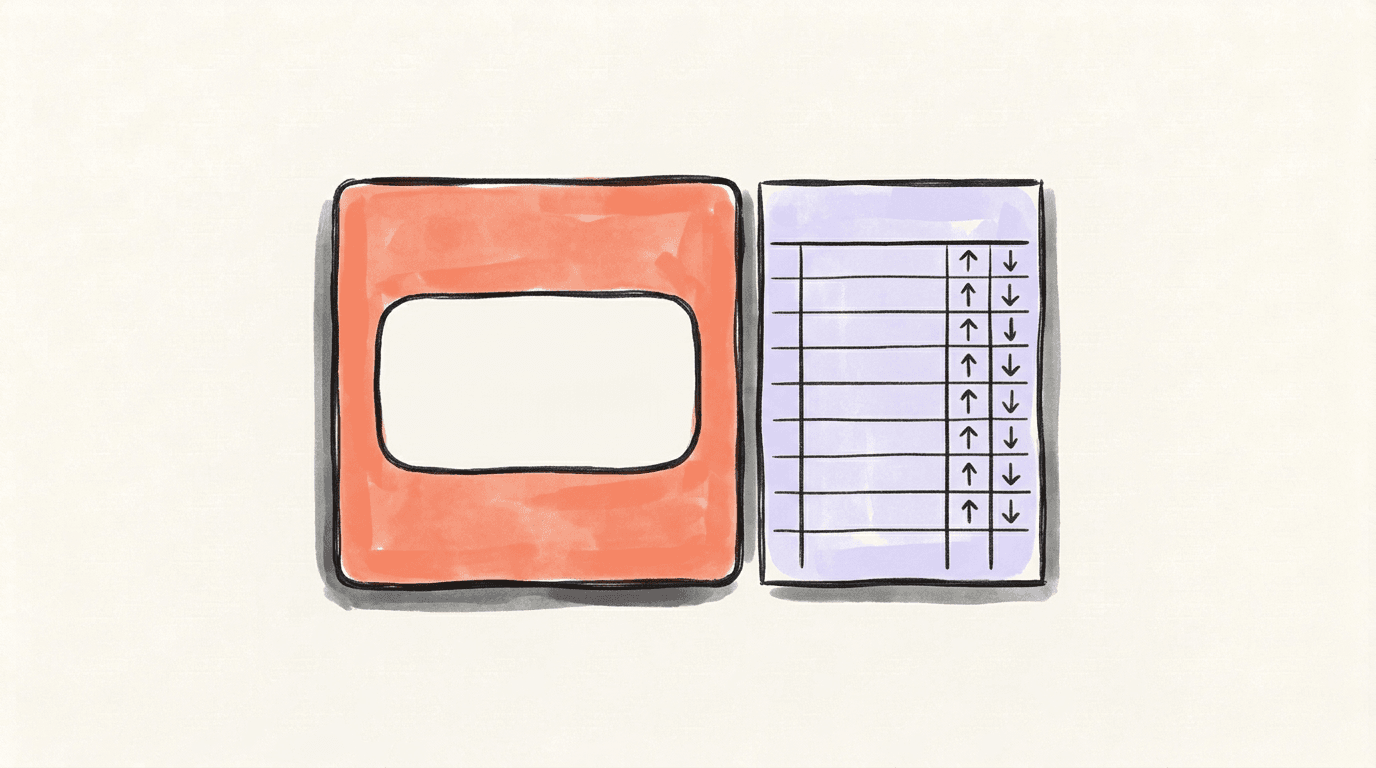 A coral tile with one blank number window beside a lavender ledger page with ruled rows and up and down arrows