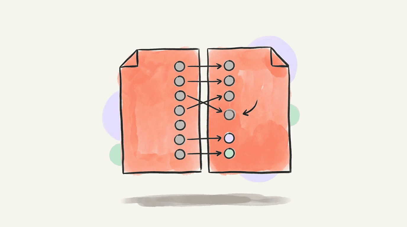 Two coral sheets side by side, each with a column of grey circles, arrows joining the matching ones and one circle on the left sheet with no match on the right