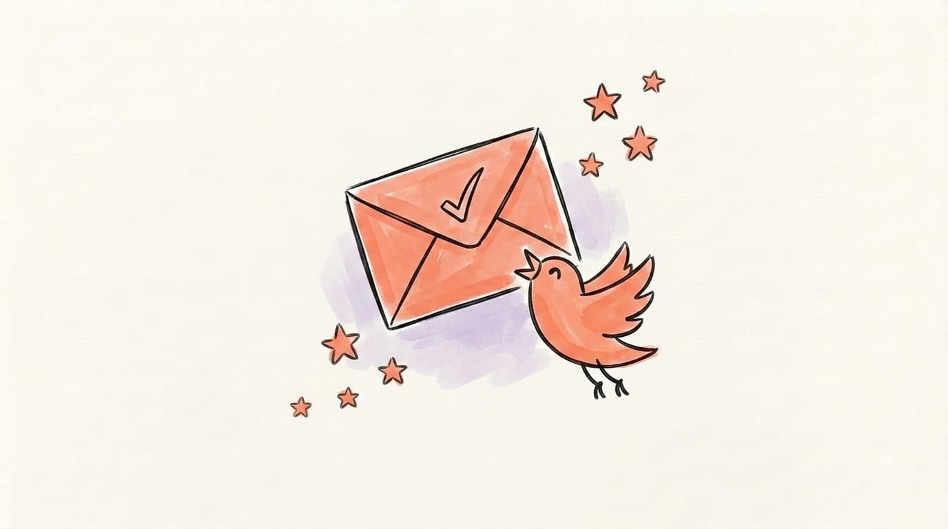 An envelope with a checkmark floating upward with a small bird beside it, representing an appeal being submitted