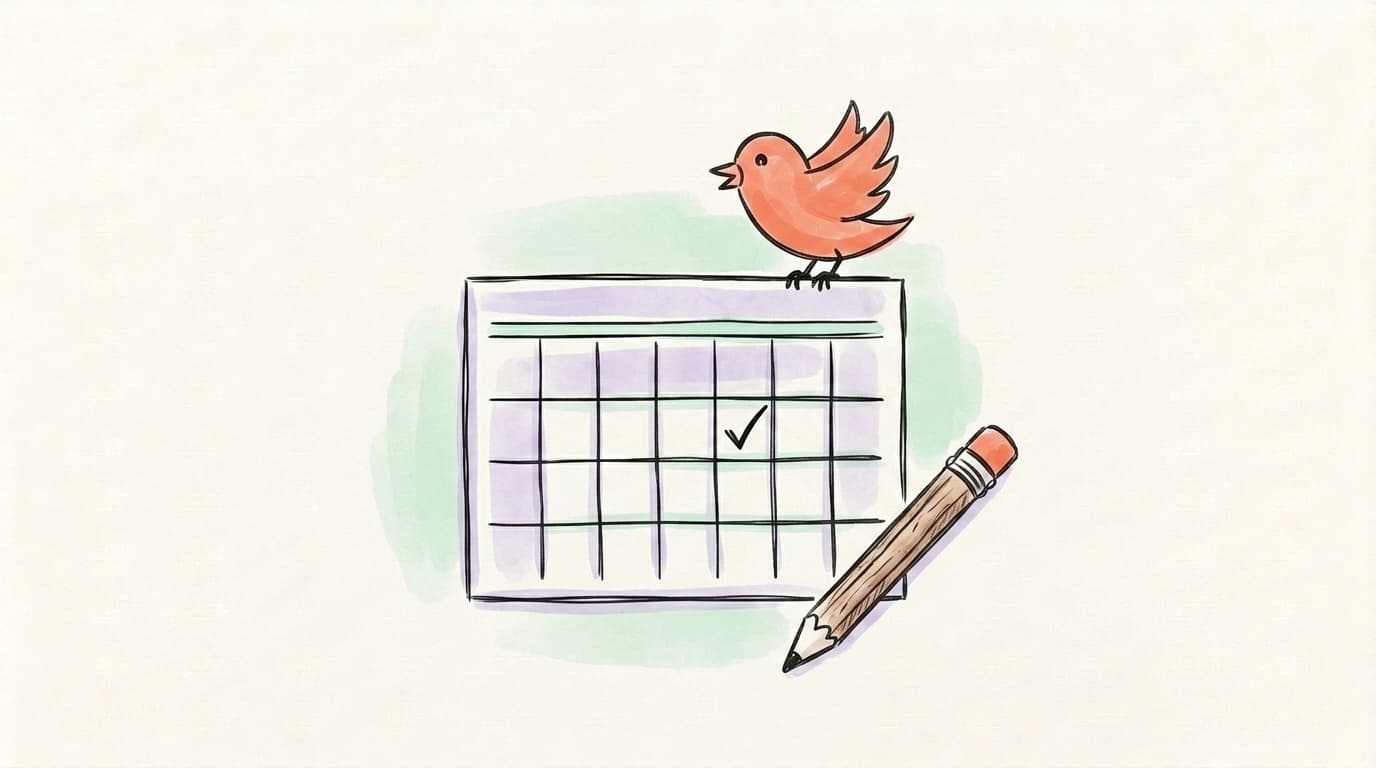 A bird perched on a calendar with a pencil, representing safe, scheduled posting habits
