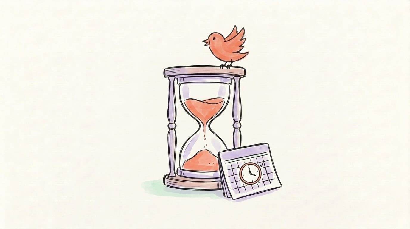 An hourglass with a bird perched on top and a calendar with a clock beside it, representing Twitter suspension duration