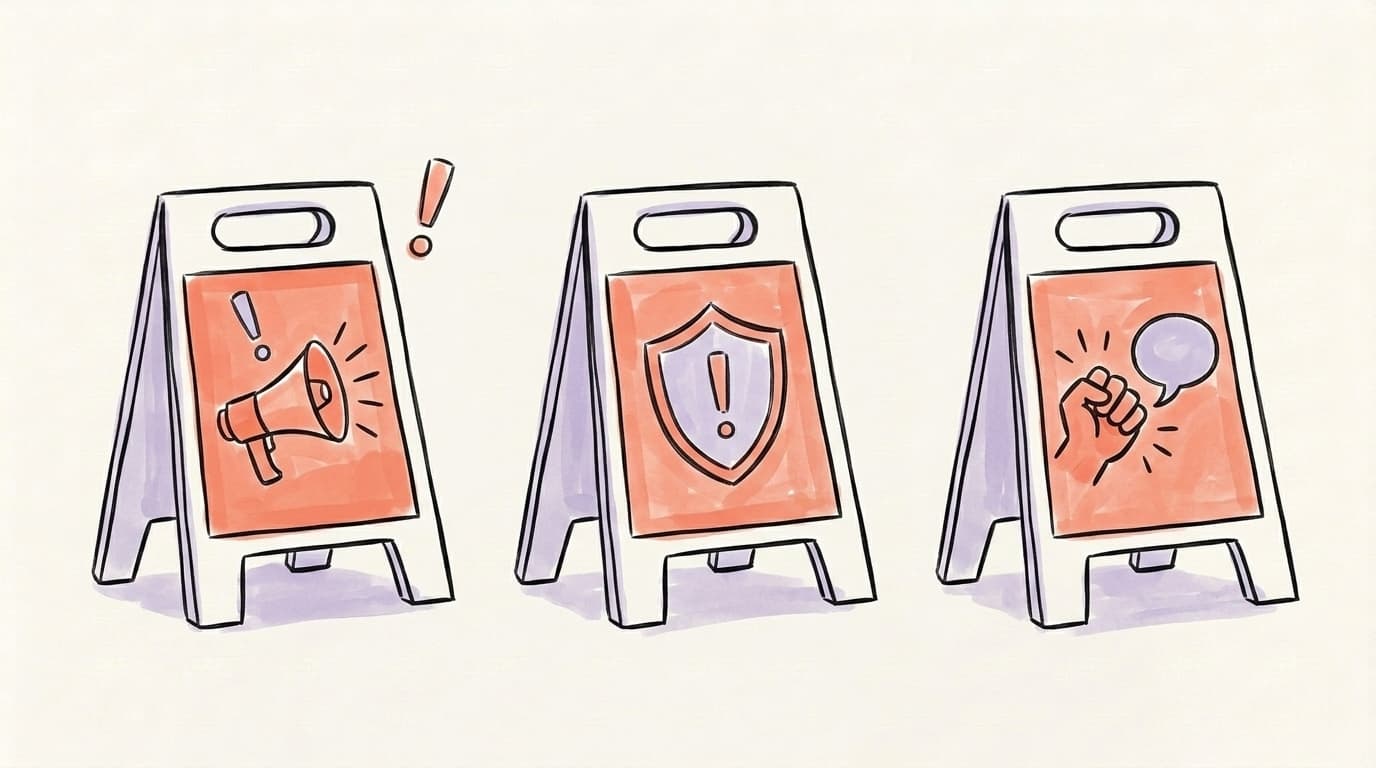 Three caution signs representing spam, security risk, and abuse — the three official suspension reasons