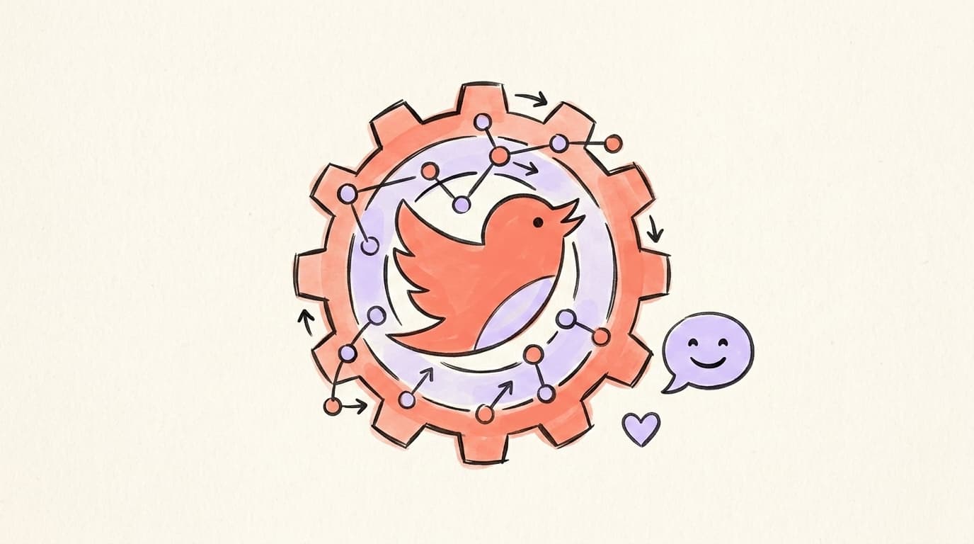 Hand-drawn X bird inside a gear with data nodes flowing through it, representing the Twitter algorithm