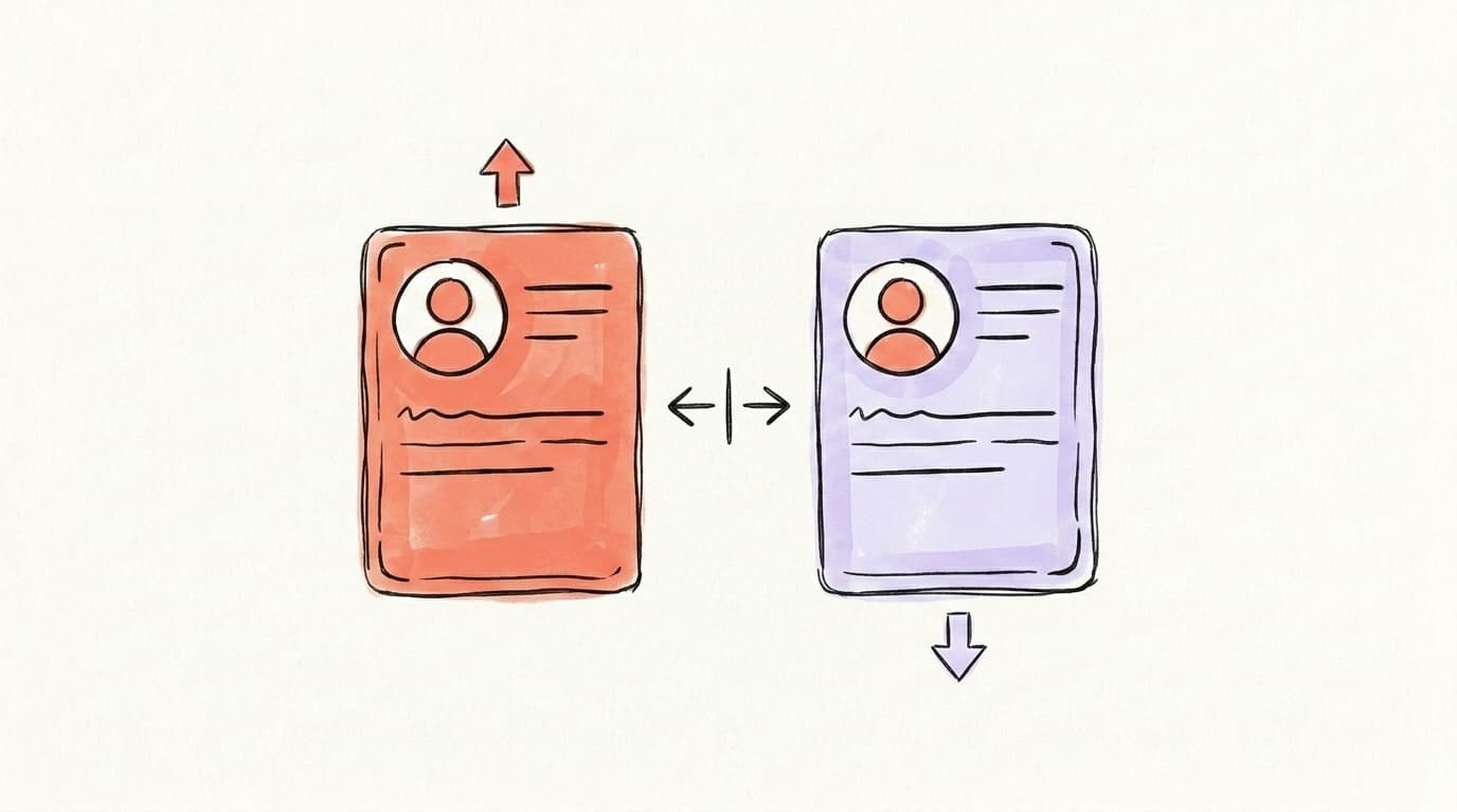 Two profile bio cards side by side in an A/B test comparison with up and down arrows