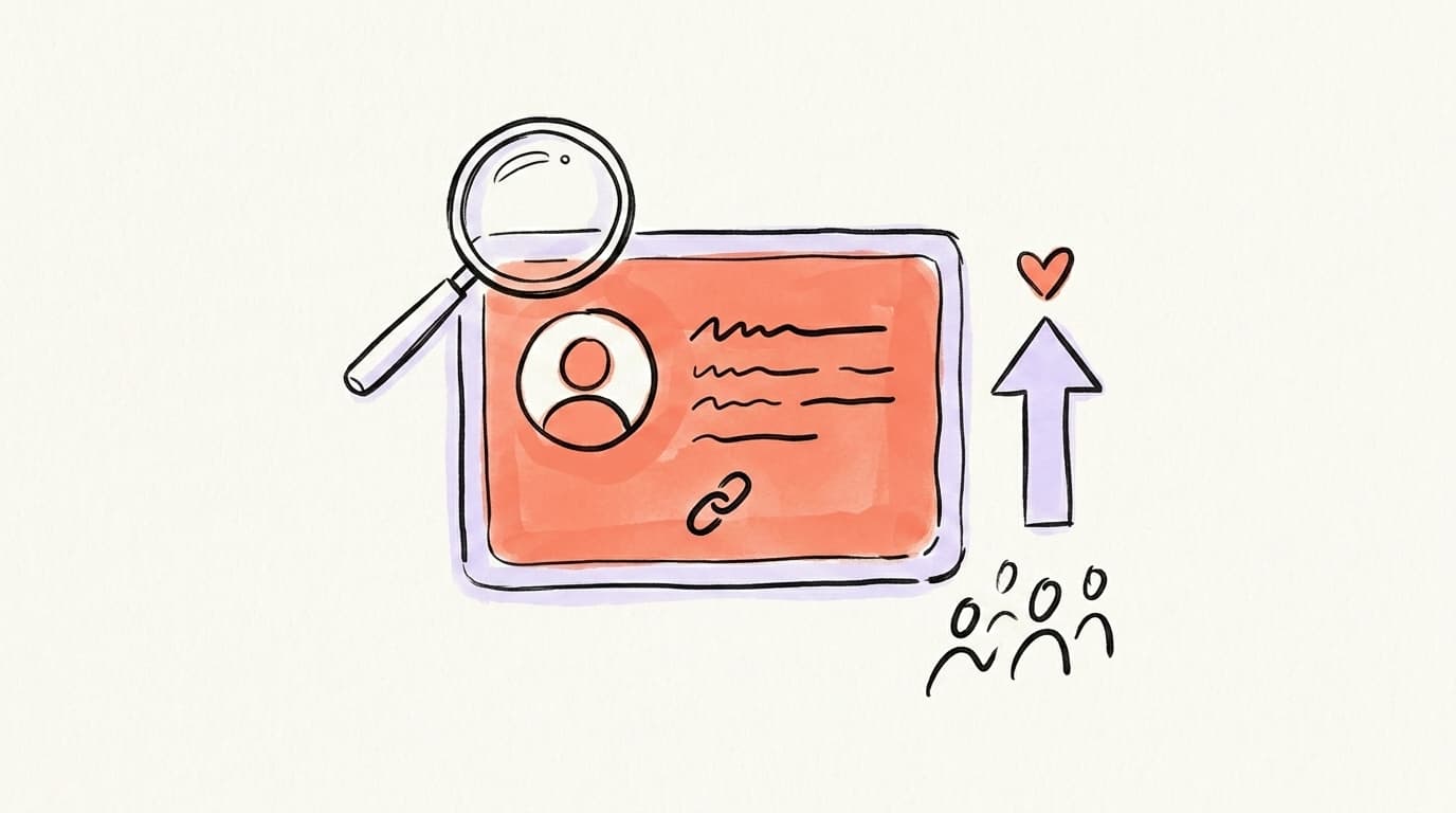 A hand-drawn X profile card under a magnifying glass with an upward arrow turning visitors into followers