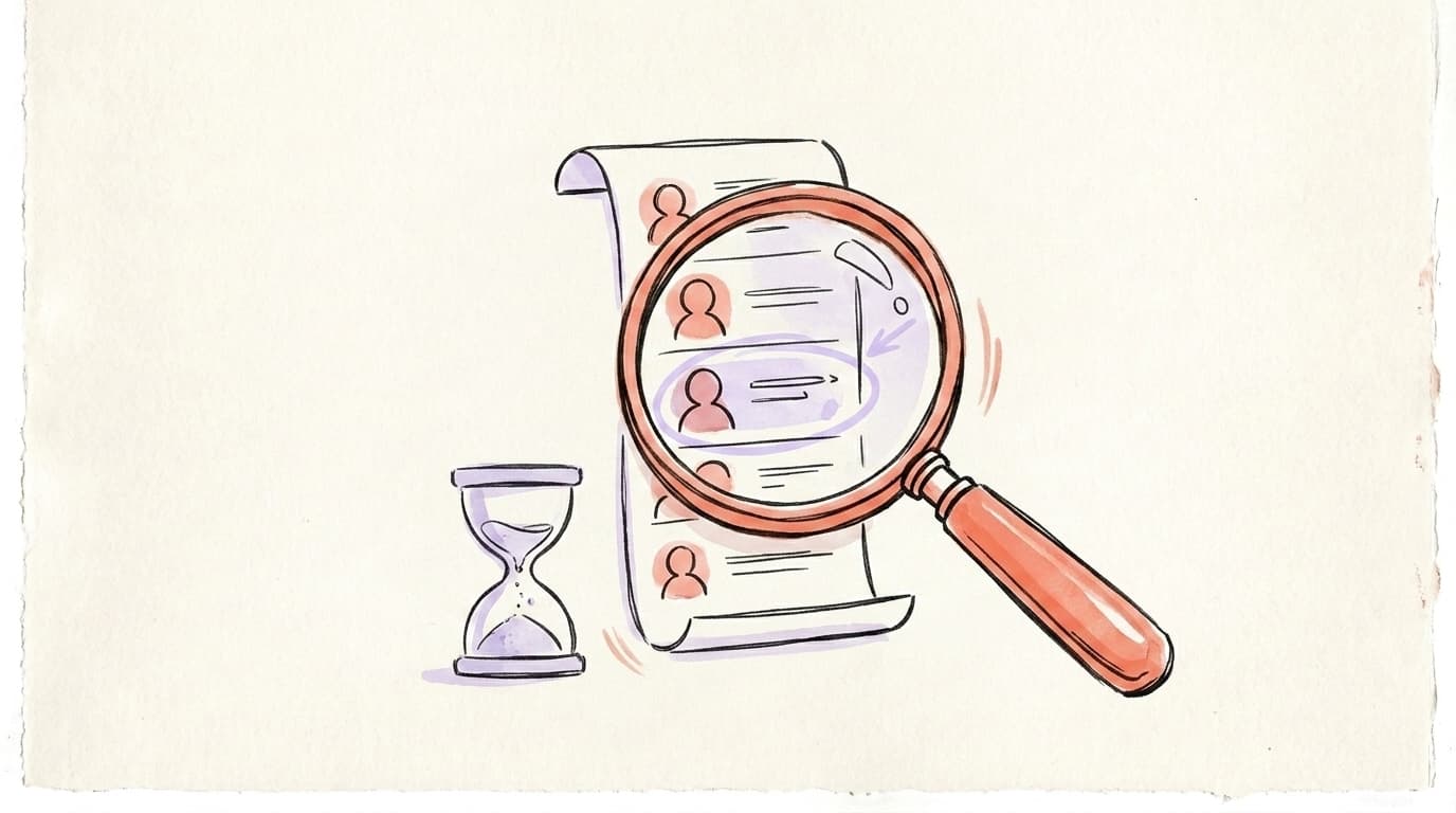 A magnifying glass over a following list with a slow, paced cleanup timer