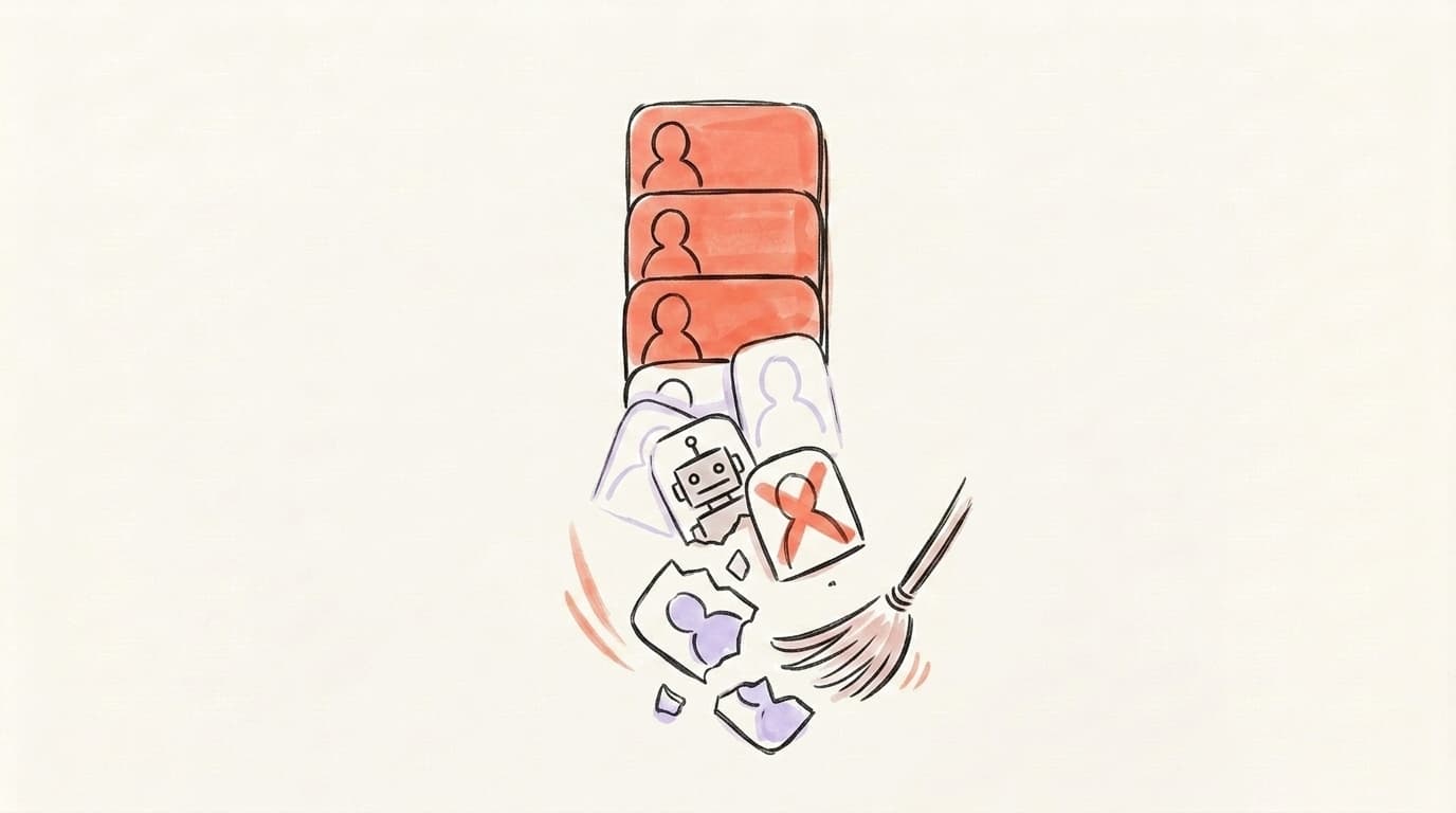 Hand-drawn illustration of a following list with dead, bot and suspended accounts being swept away from the bottom of the stack