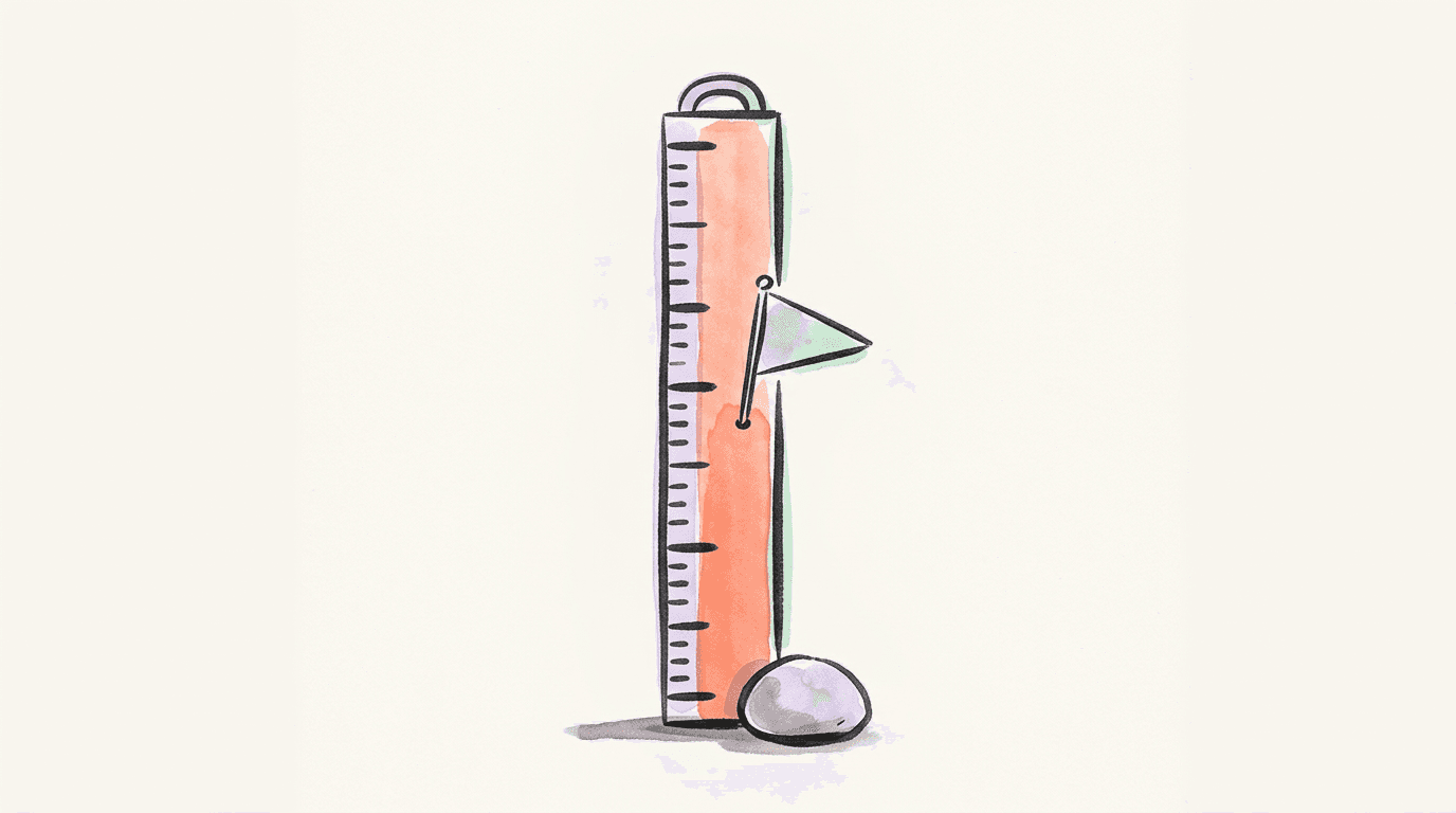 A tall hand-drawn measuring stick standing upright with one small flag pinned partway up it and a plain pebble at its base