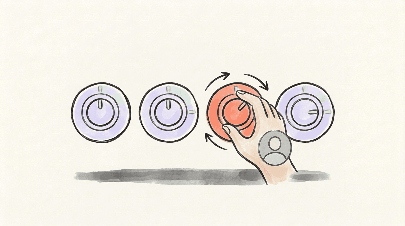 Four hand-drawn dials in a row, one of them coral and being turned by a single hand while the other three sit untouched