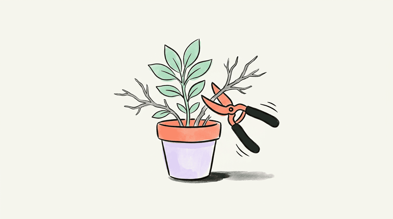 Coral garden shears trimming dry grey twigs from a potted plant, its fresh green leaves left in place