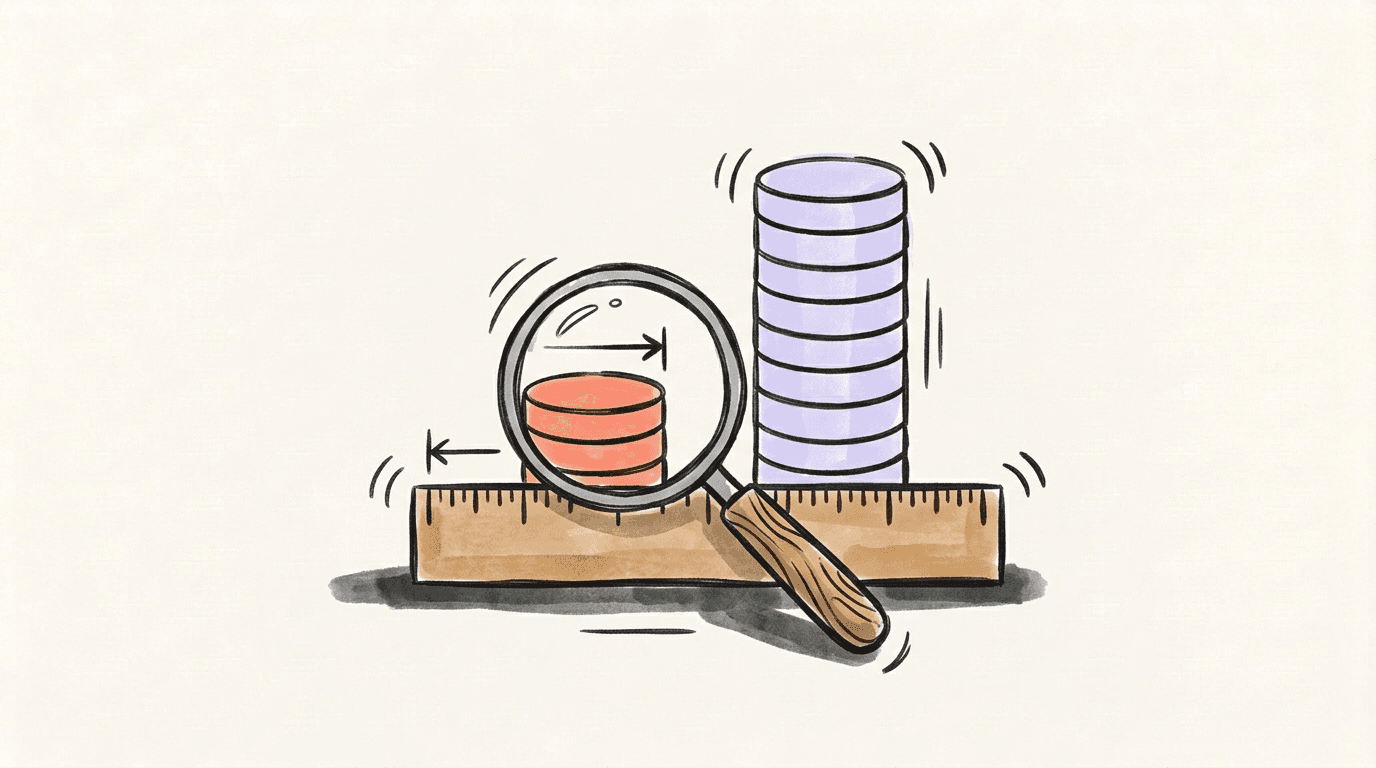 A magnifying glass resting on a wooden ruler beside a short stack of coral discs and a much taller stack of lavender discs
