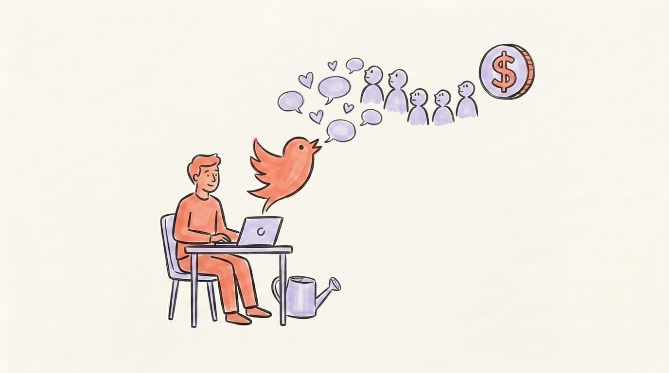 A SaaS founder at a laptop turning X/Twitter posts into followers and paying customers