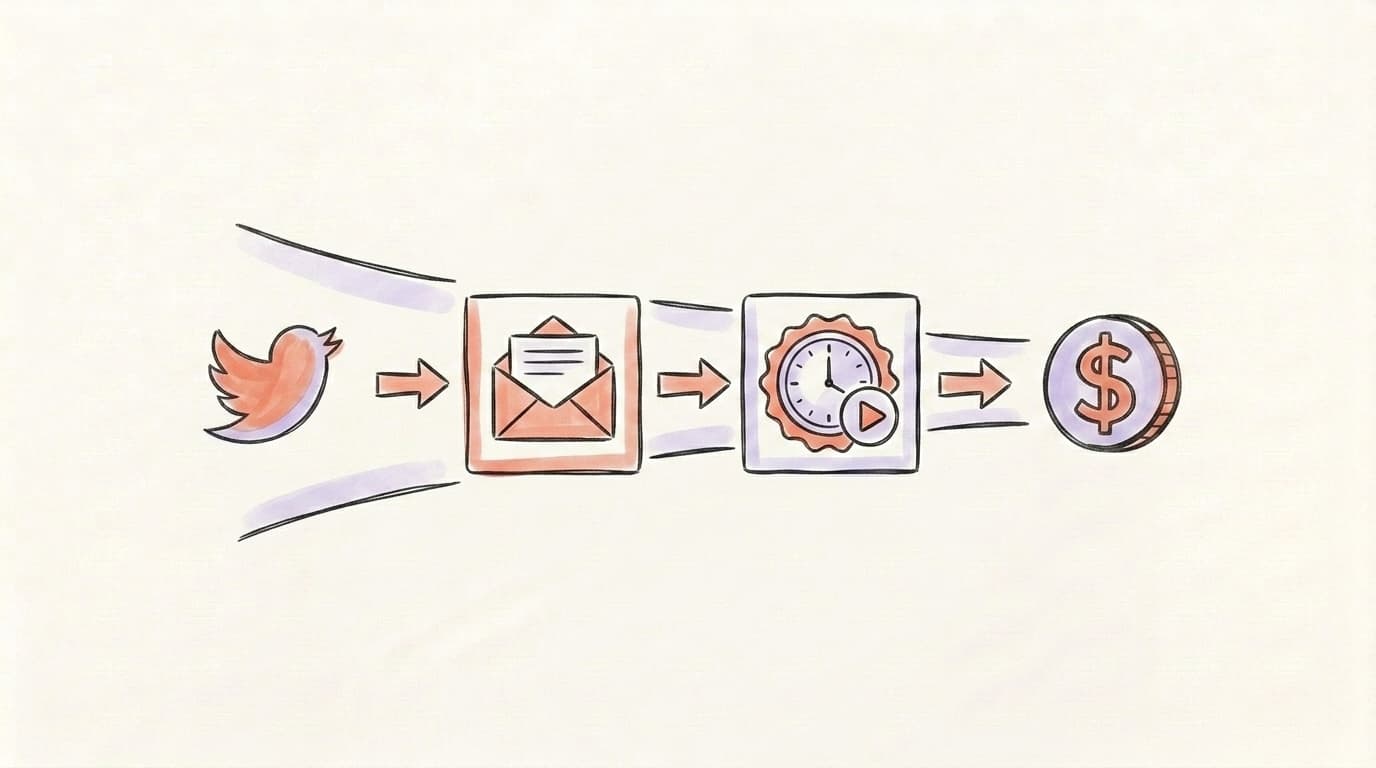 The SaaS founder funnel flowing through four stages — X attention, email list, free trial, and paid customer