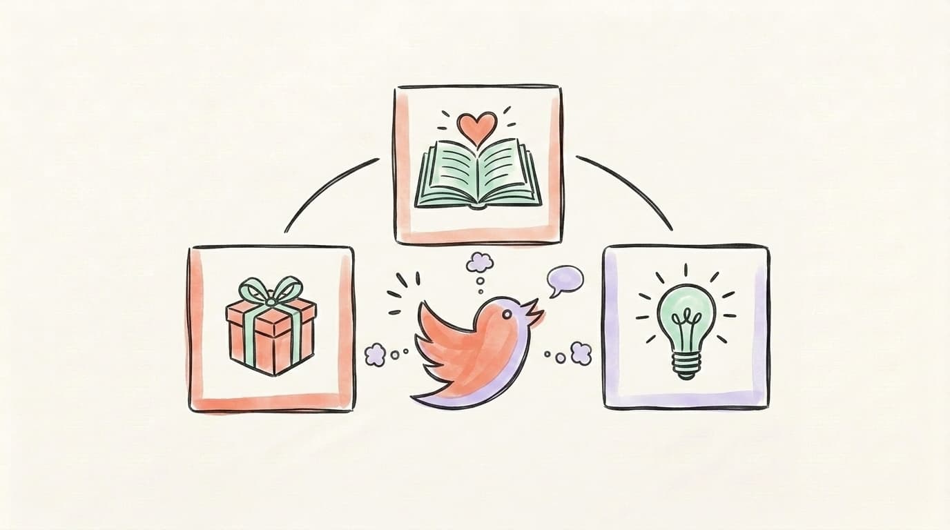 Three SaaS content pillars on X — Product, Story, and Insight balanced on a scale