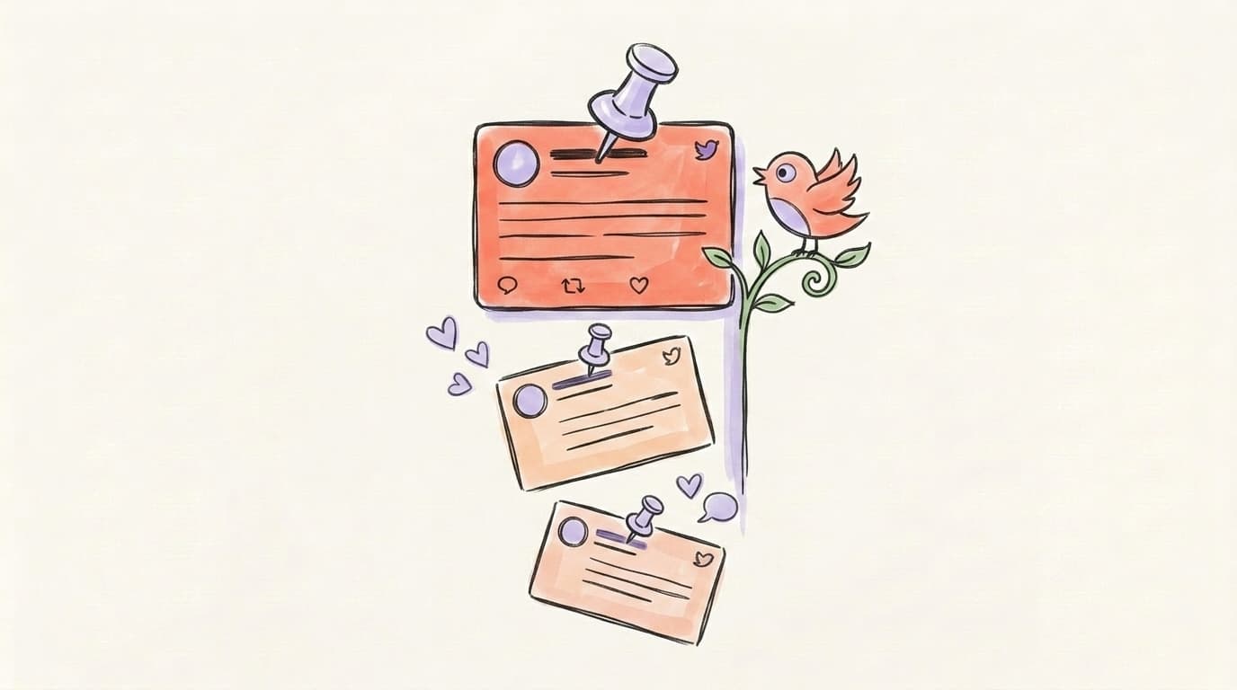 A pinned tweet card held by a push-pin at the top of a Twitter profile, with smaller tweets floating below and a small bird perched alongside