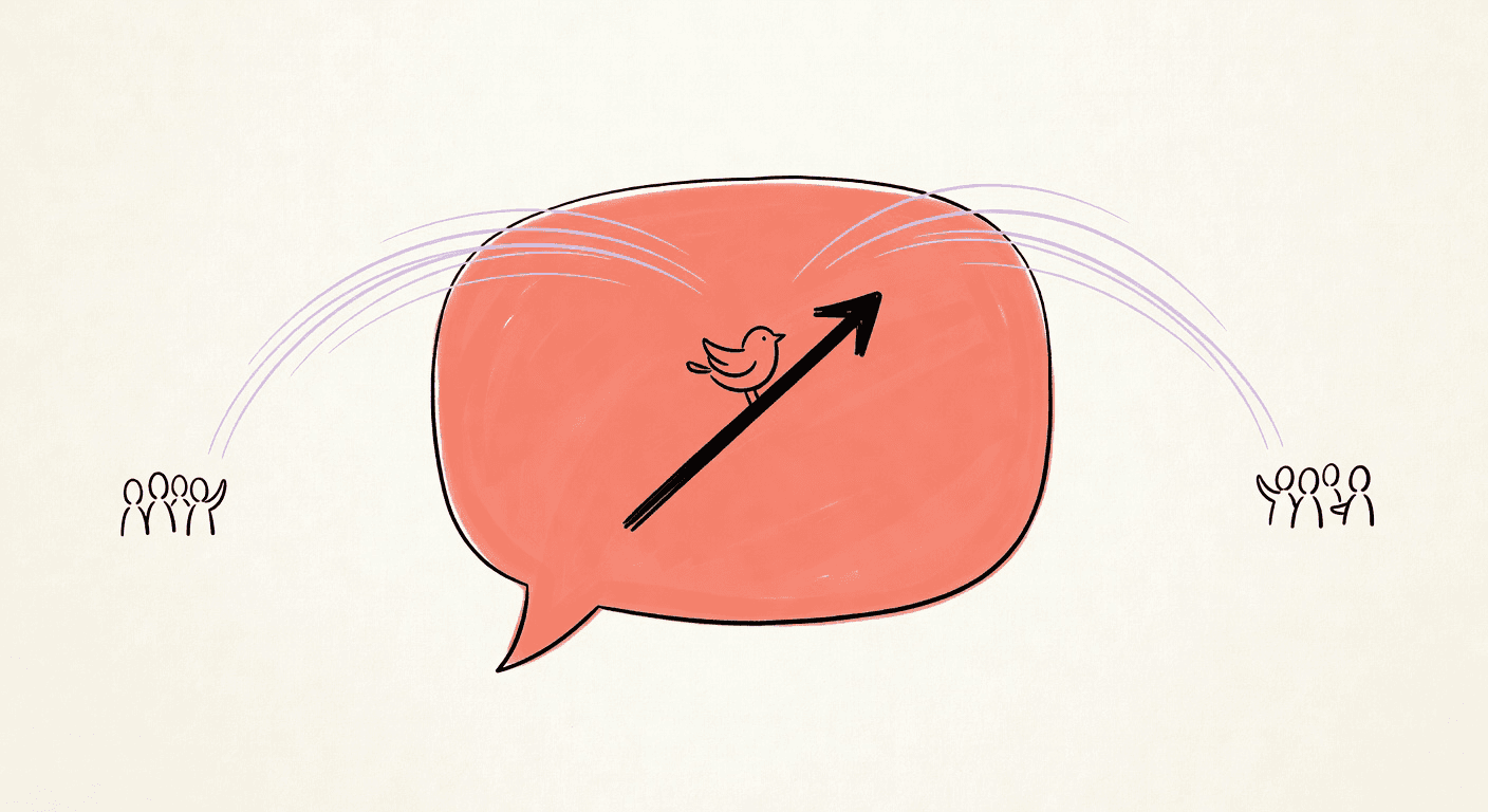 Hand-drawn illustration of a quote bubble lifting a small bird upward on a salmon-coral arrow, with lavender accent lines showing distribution to two audiences on a warm off-white background