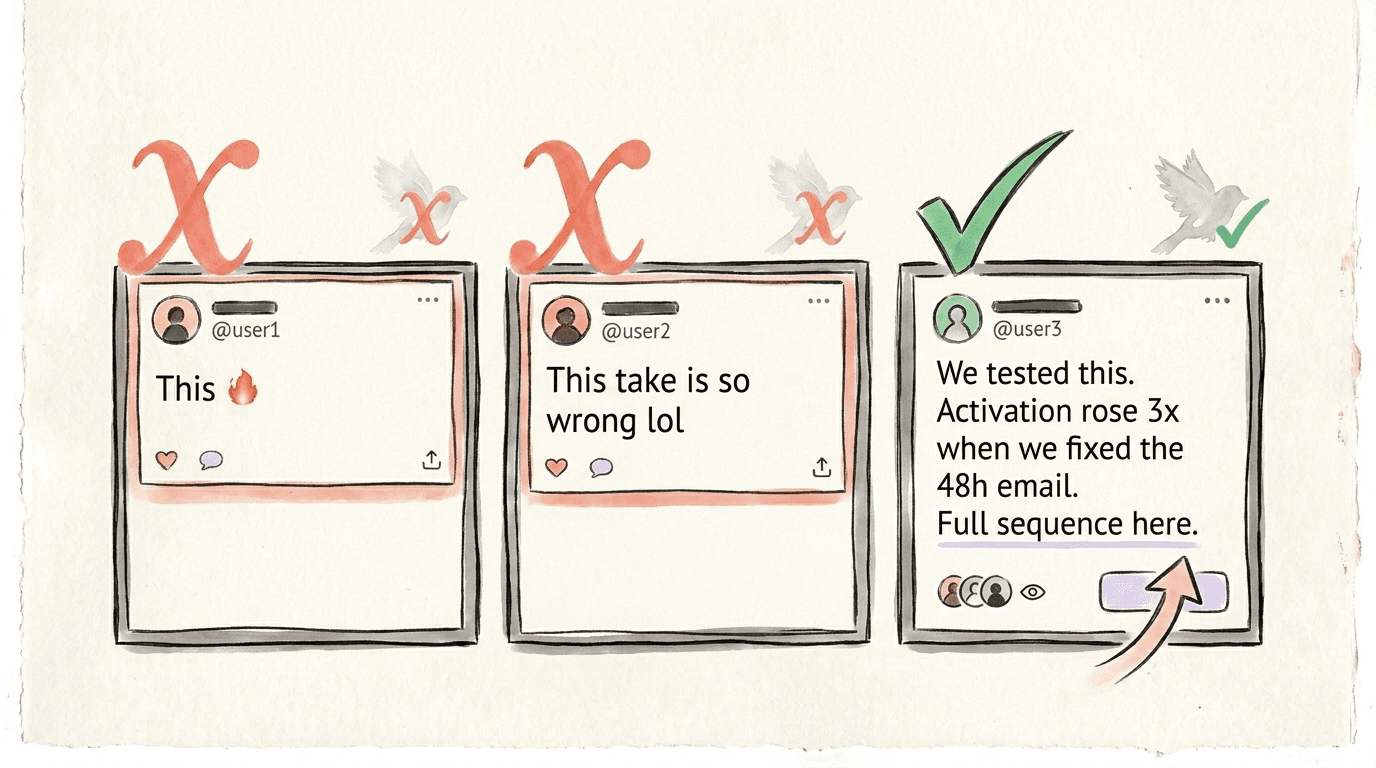 Hand-drawn side-by-side comparison of three X quote tweet card examples: two common mistakes (low-effort "This 🔥" reaction and a personal dunk "This take is so wrong lol", both crossed out with red X) versus one strong value-adding proof quote that shares specific 3x results and earns profile visits (green check, upward arrow)