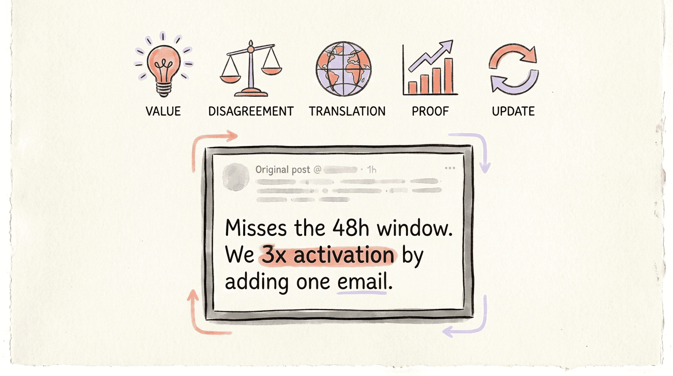 Hand-drawn illustration of five QT format icons with labels (VALUE, DISAGREEMENT, TRANSLATION, PROOF, UPDATE) above a filled sample X quote post card mockup showing a concrete value-add example about a 3x activation lift in coral and lavender accents