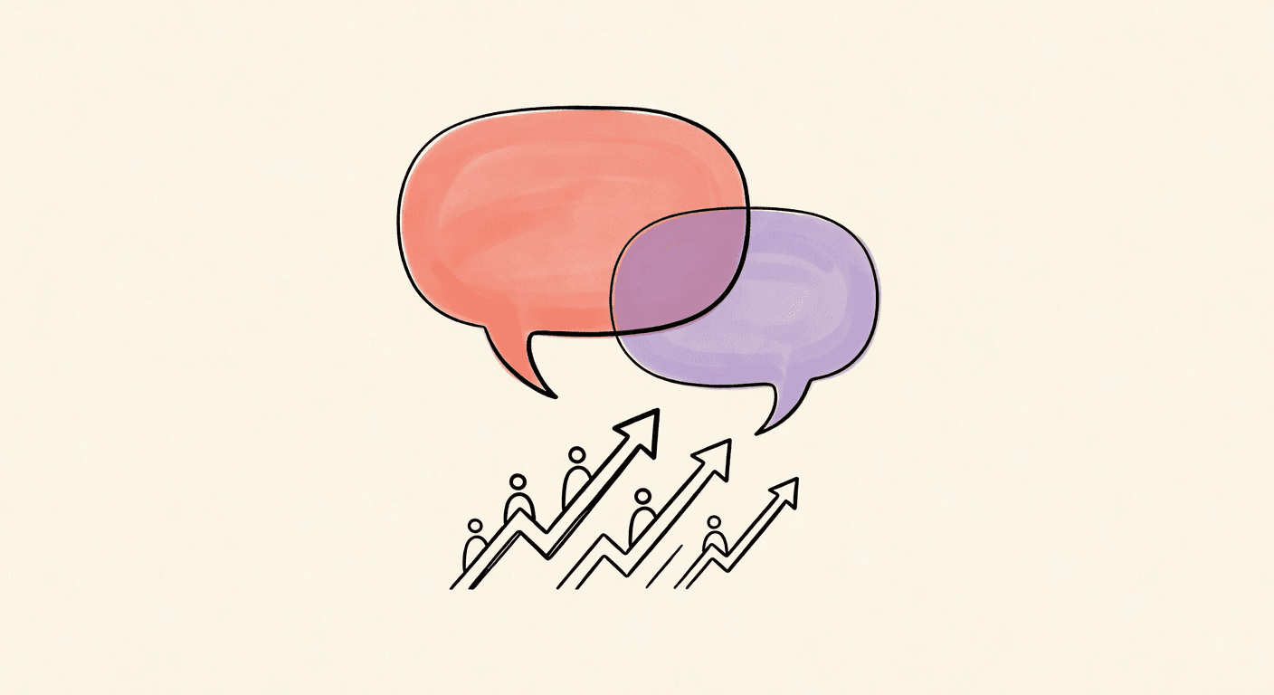Hand-drawn comparison of a nested reply thread versus a quote post flying free to two audiences, with coral and lavender accents