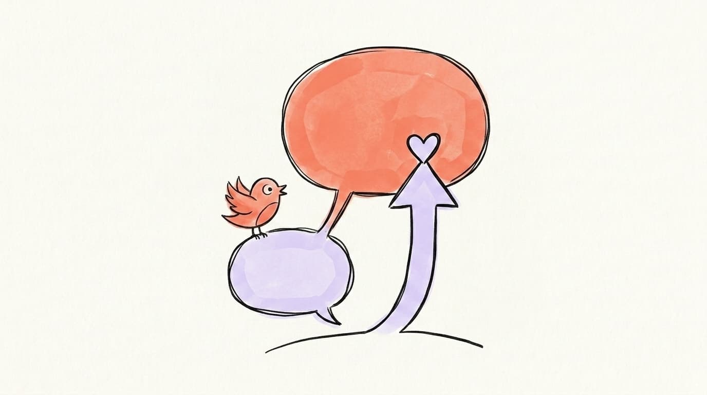 Hand-drawn small speech bubble connecting to a larger one, with a bird and an upward growth arrow, representing the Twitter reply growth strategy