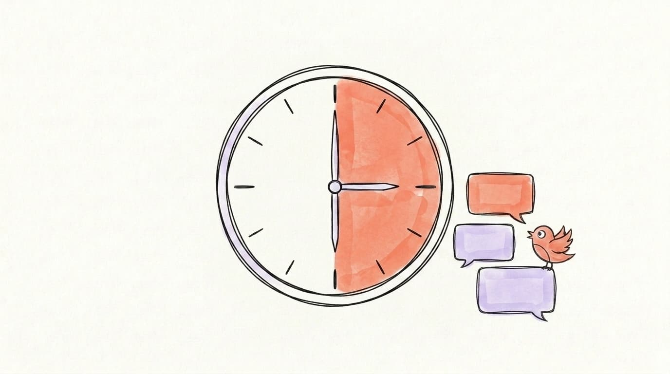 Hand-drawn clock with a 30-minute slice highlighted in coral, next to a small stack of reply bubbles and a bird, representing a daily 30-minute reply block