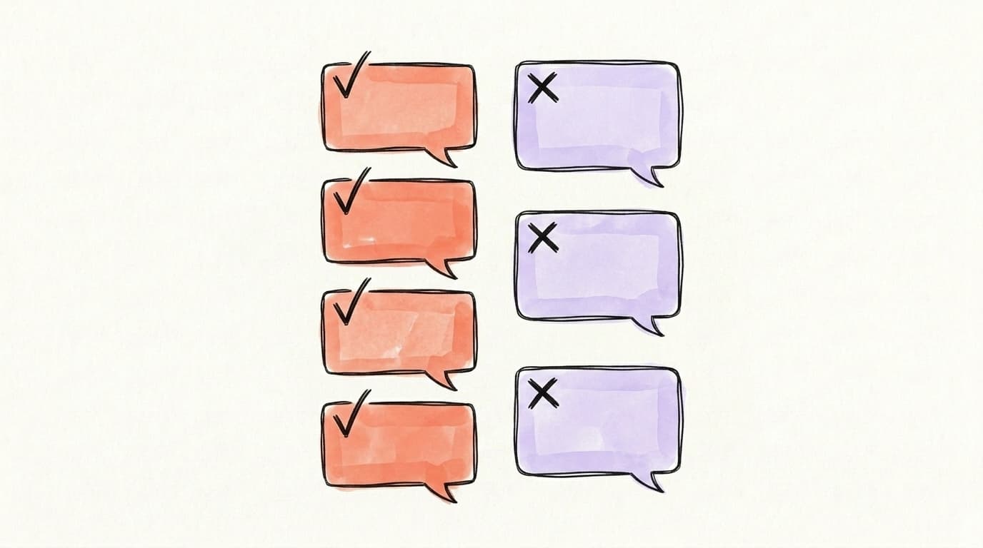 Hand-drawn grid of reply cards — four marked with a check and three crossed out — showing winning versus losing Twitter reply formats