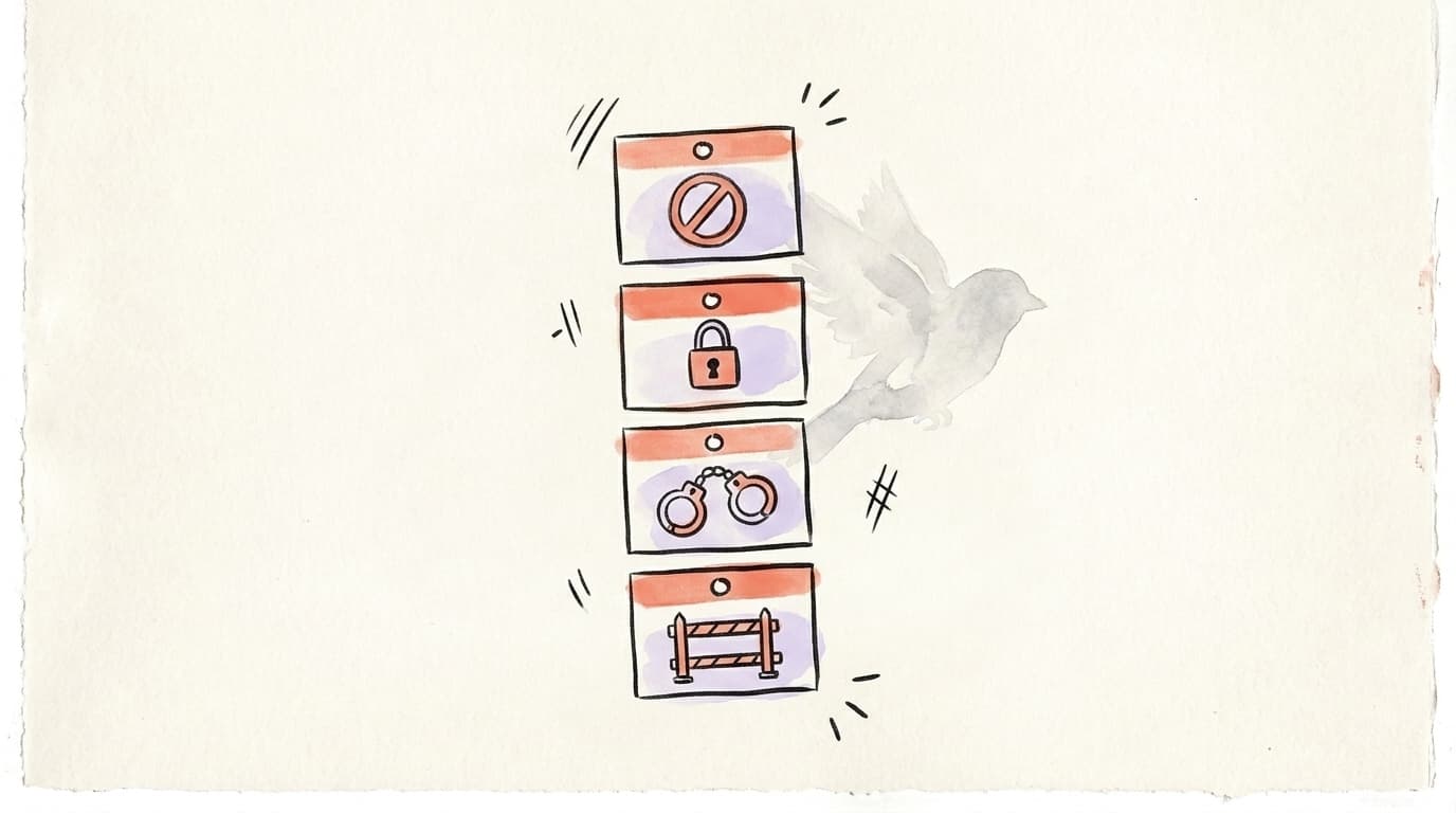Four stacked cards representing the four Twitter shadow ban types with a faded bird silhouette behind them