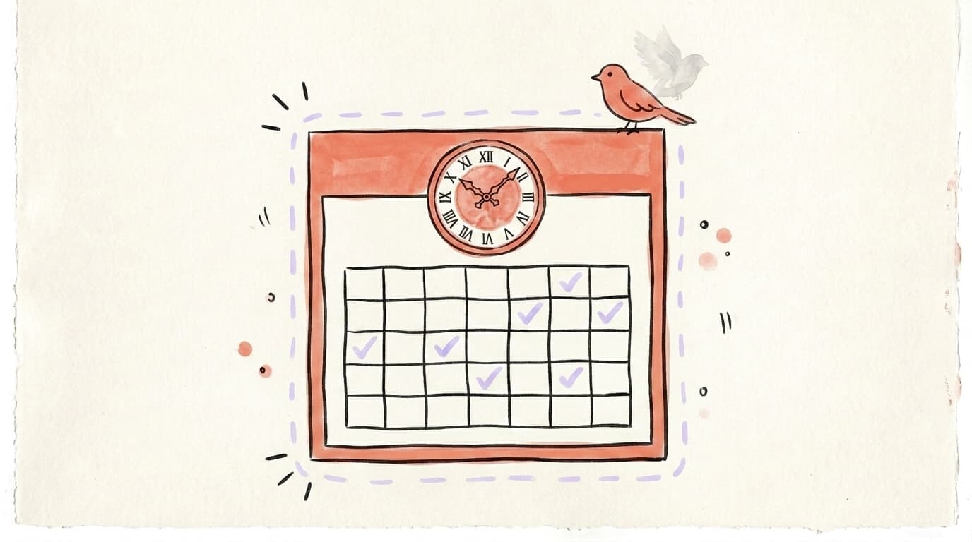 A calendar with a clock and lavender checkmarks tracking recovery days, with a small salmon bird perched on top