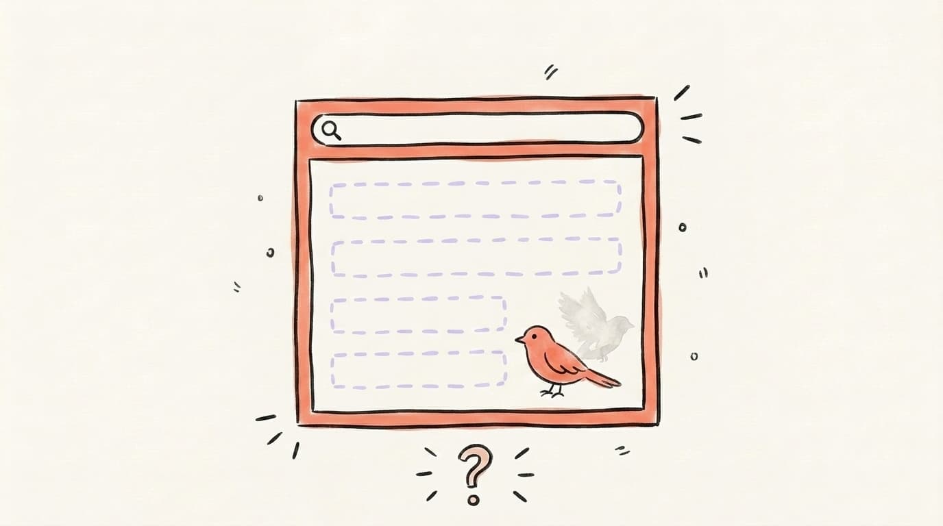 A browser window with empty search result placeholders and a faded bird, representing running a Twitter shadowban test