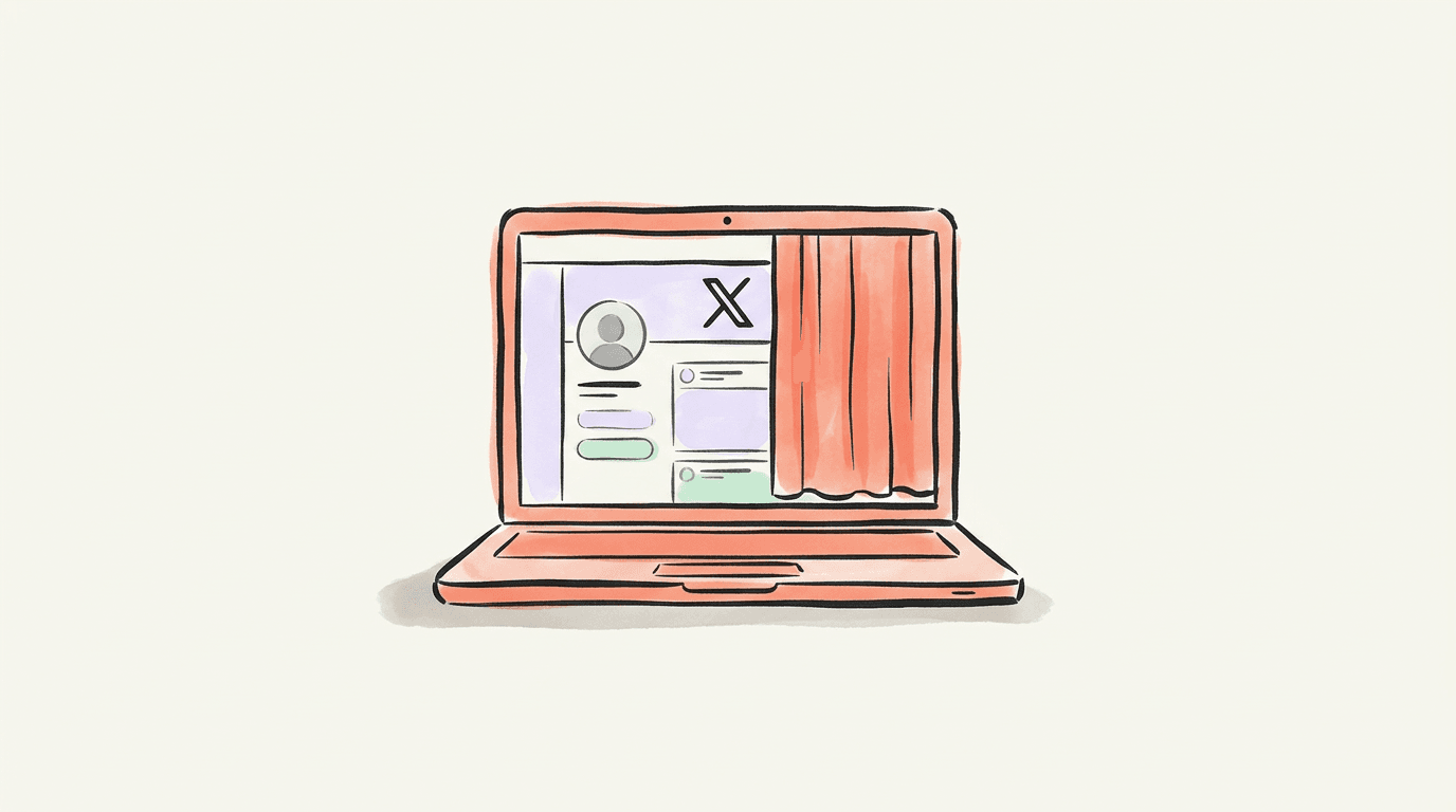A coral laptop showing a social profile page marked with an X, a coral curtain drawn over the right side of the screen