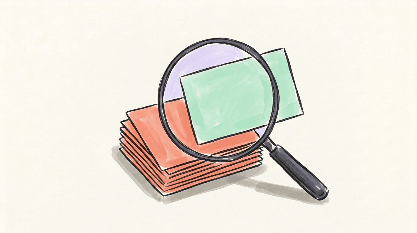 A large magnifying glass held over a stack of coral post cards, one mint-green card lifted out under the lens