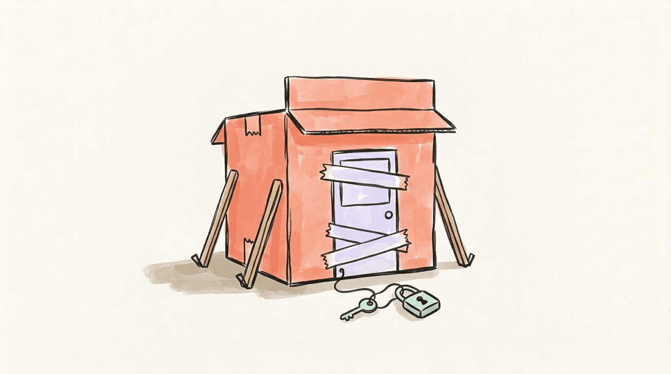 A flimsy coral cardboard shop front propped up by wooden sticks, its lavender door taped shut, a key and padlock lying on the ground in front of it