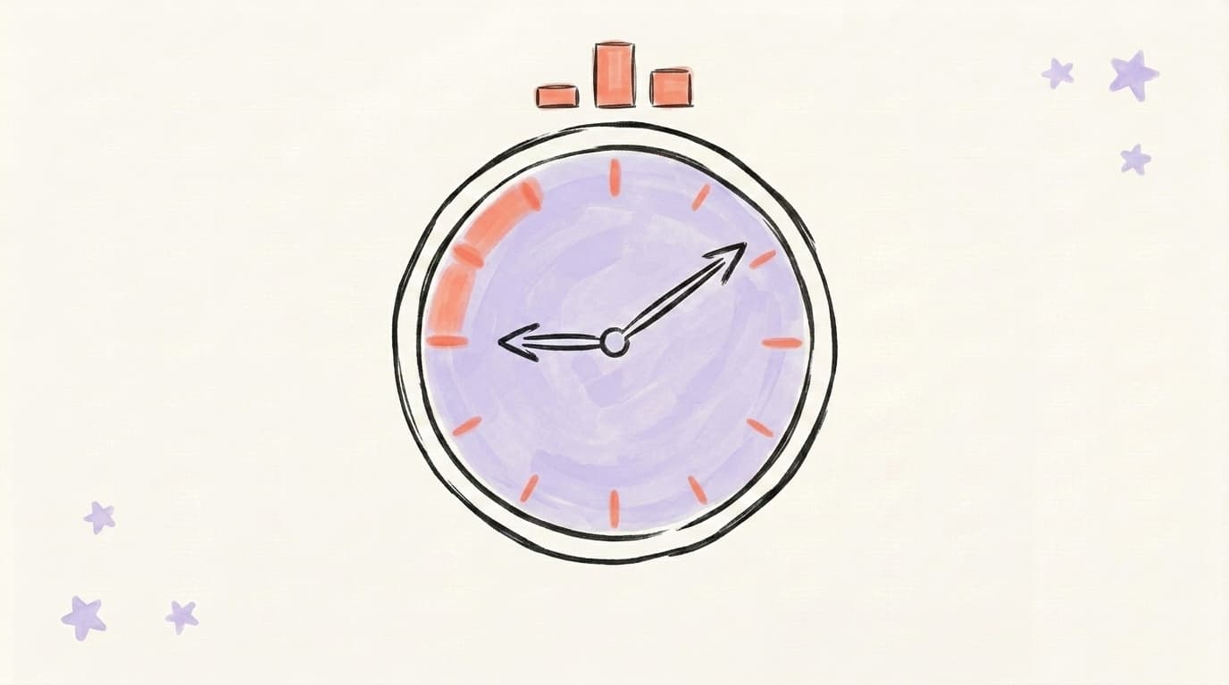 Hand-drawn illustration of a clock with the 9 a.m. hour highlighted in coral, with small bar chart columns above showing peak engagement times
