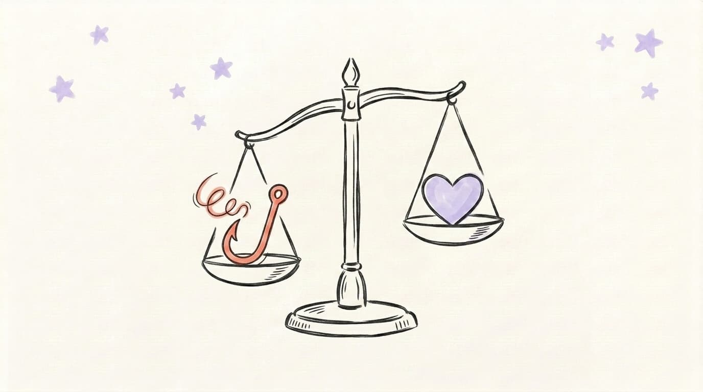 Hand-drawn illustration of a balance scale with a fishing hook bait on one side and a lavender heart on the other, representing the choice between engagement bait and genuine value