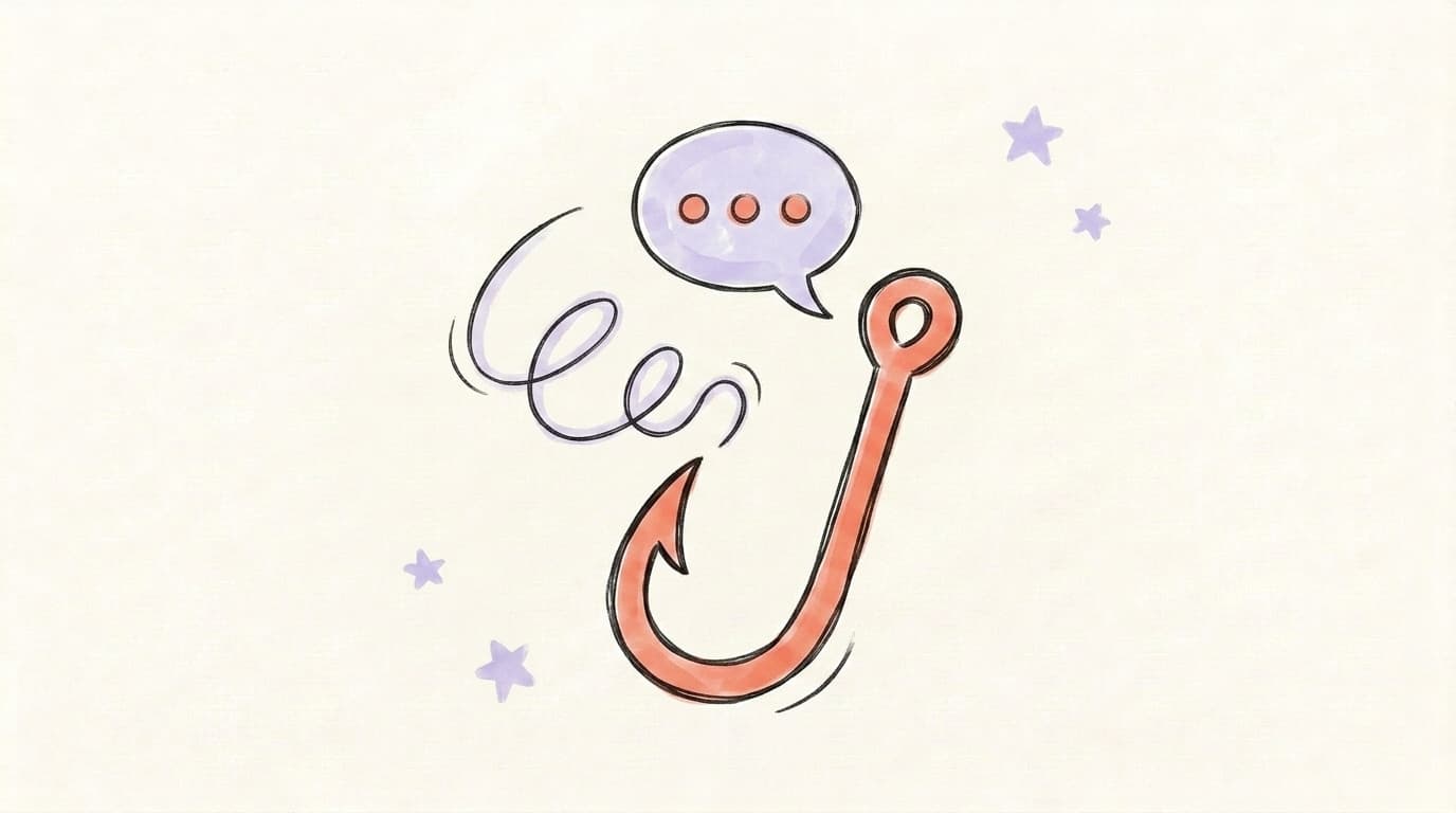 Hand-drawn illustration of a fishing hook with a speech bubble above it and a squiggly line of curiosity leading into the hook