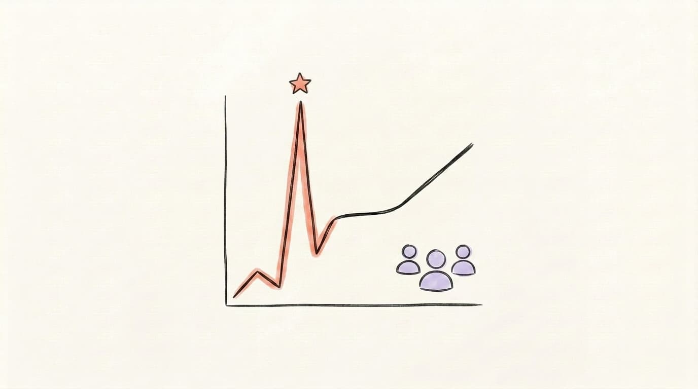 Hand-drawn illustration of a line chart with a sharp viral spike in coral leveling into a steady rising follower line, with three lavender follower icons