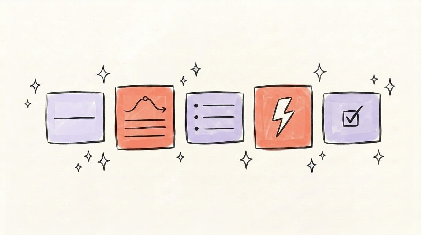 Five hand-drawn cards representing tweet formats: one-liner, story, list, contrarian, and screenshot