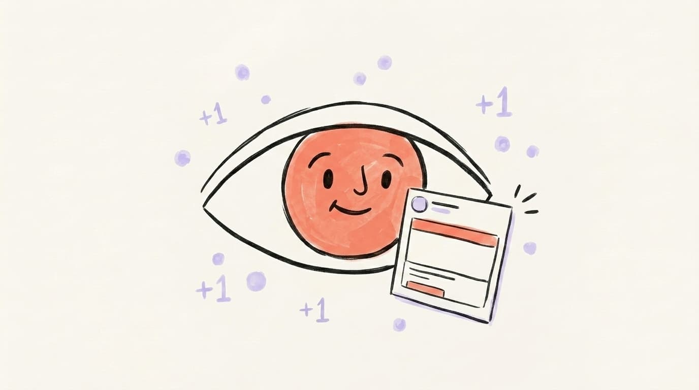 A hand-drawn eye watching a LinkedIn post with +1 impression counters floating around it