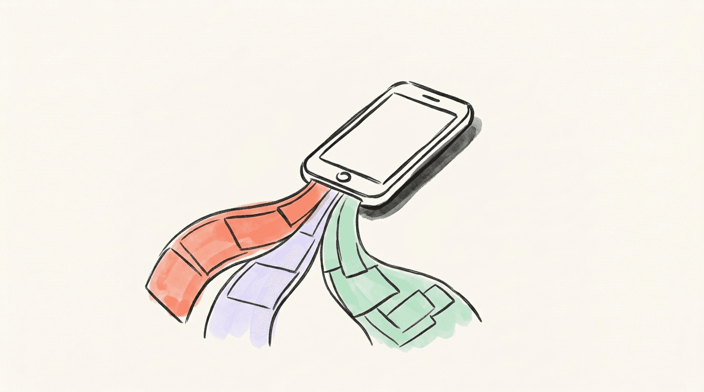 Three different content streams branching from one smartphone screen