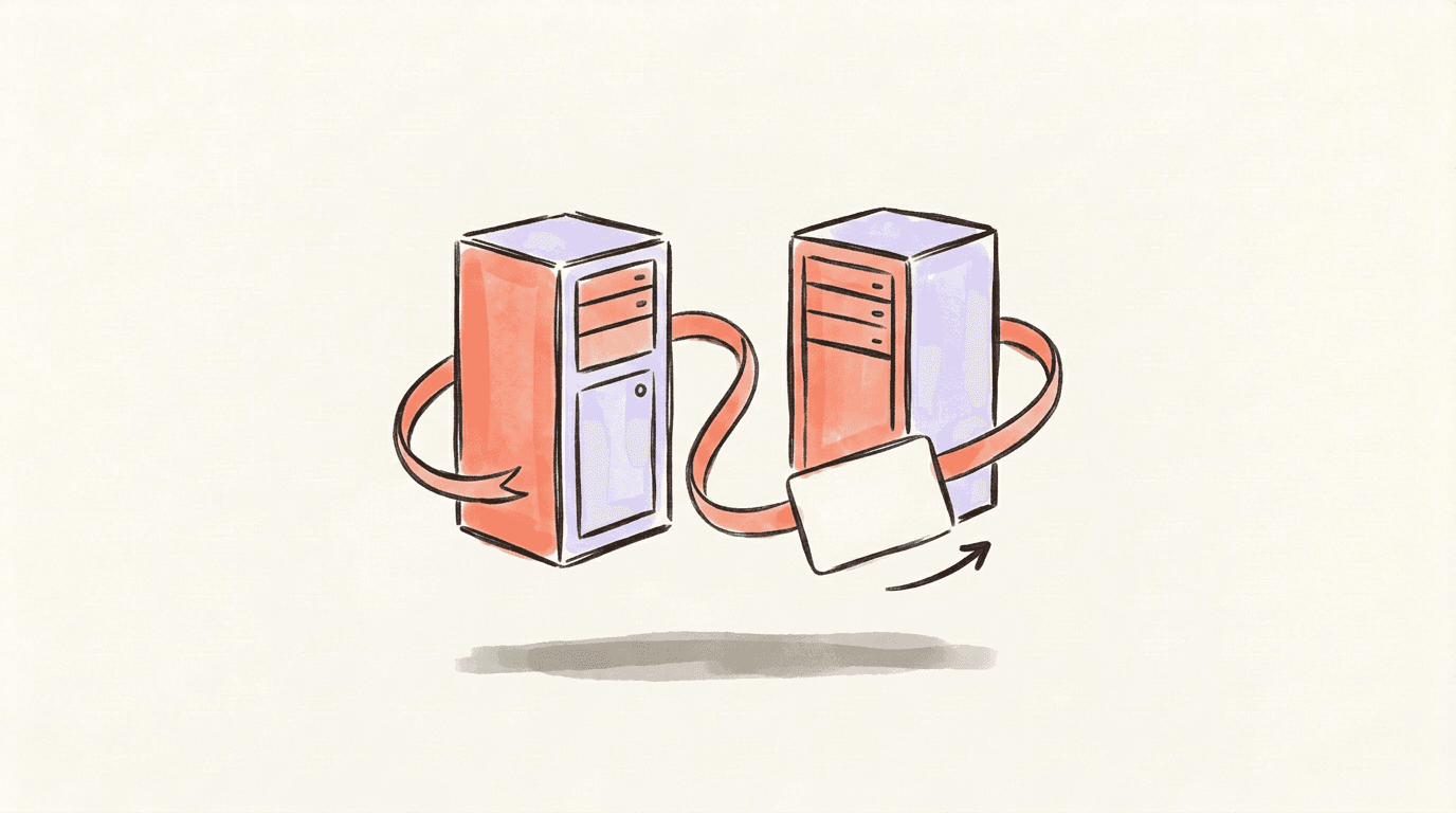 A portable account card moving between two simple server cabinets