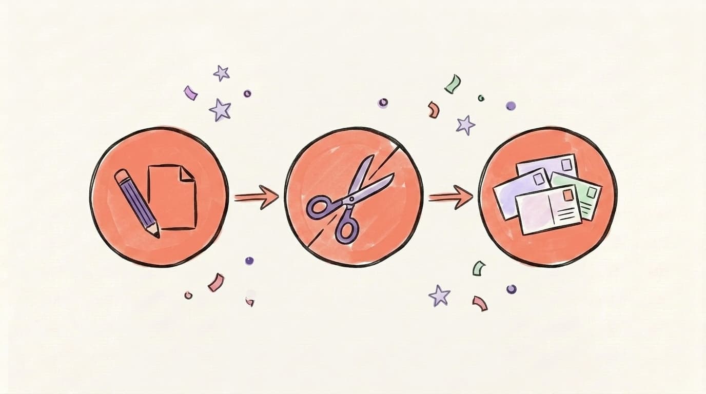 A three-step workflow: a page being written, then cut into pieces, then stacked as many small posts
